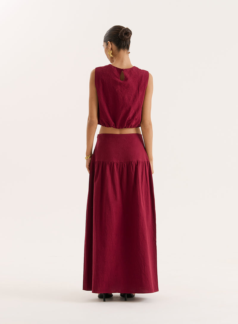 Burgundy Cotton Drop Waist Maxi Skirt- Selene