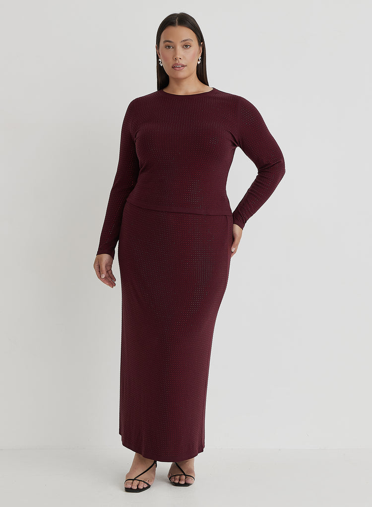 Burgundy Curve Embellished Maxi Skirt- Indigo