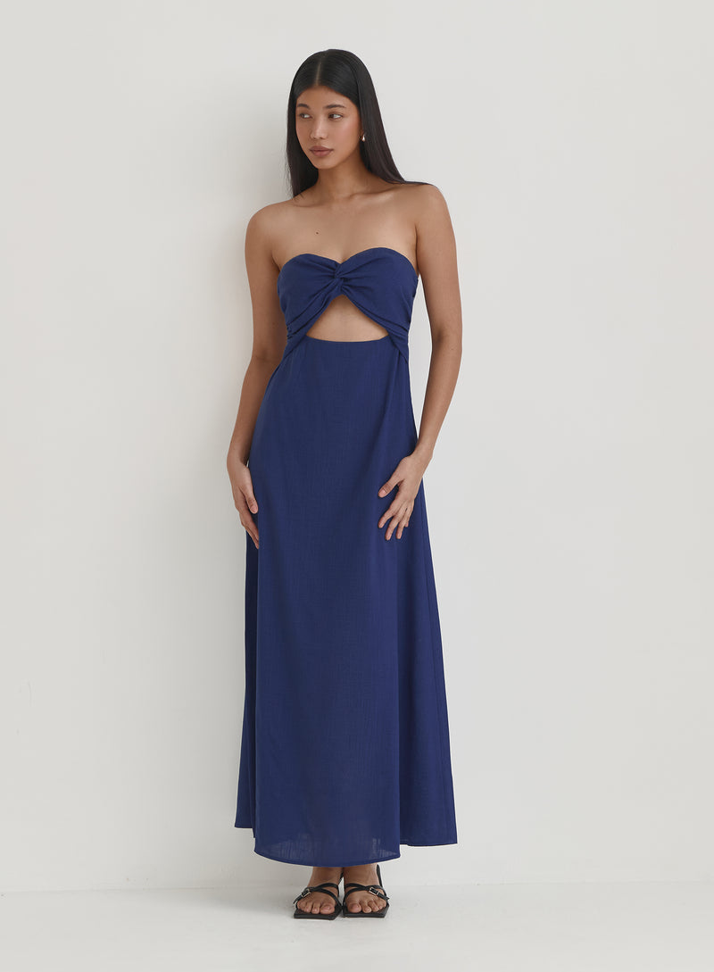 Blue Linen Maxi Cut Out Bandeau Dress- Lainey