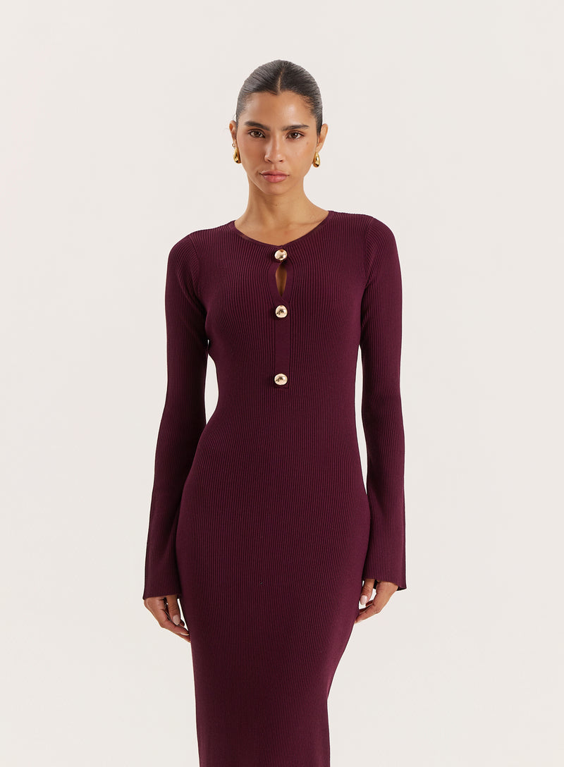 Plum Cut-out Flare Sleeved Knitted Maxi Dress- Rita