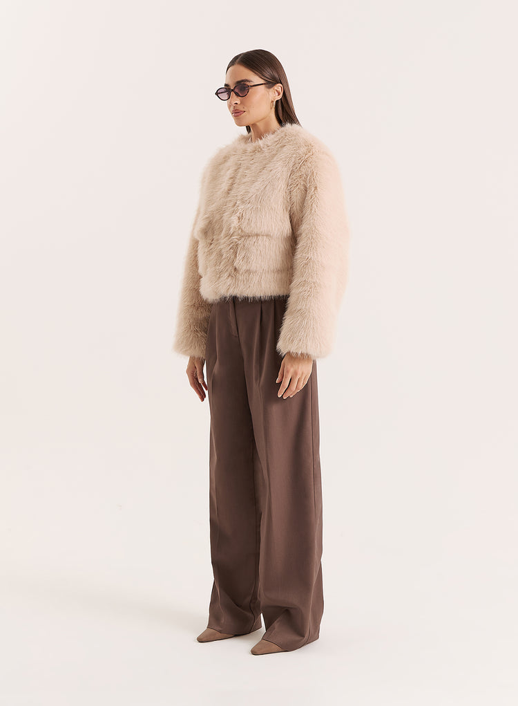 Beige Faux Fur Cropped Jacket- Reysha