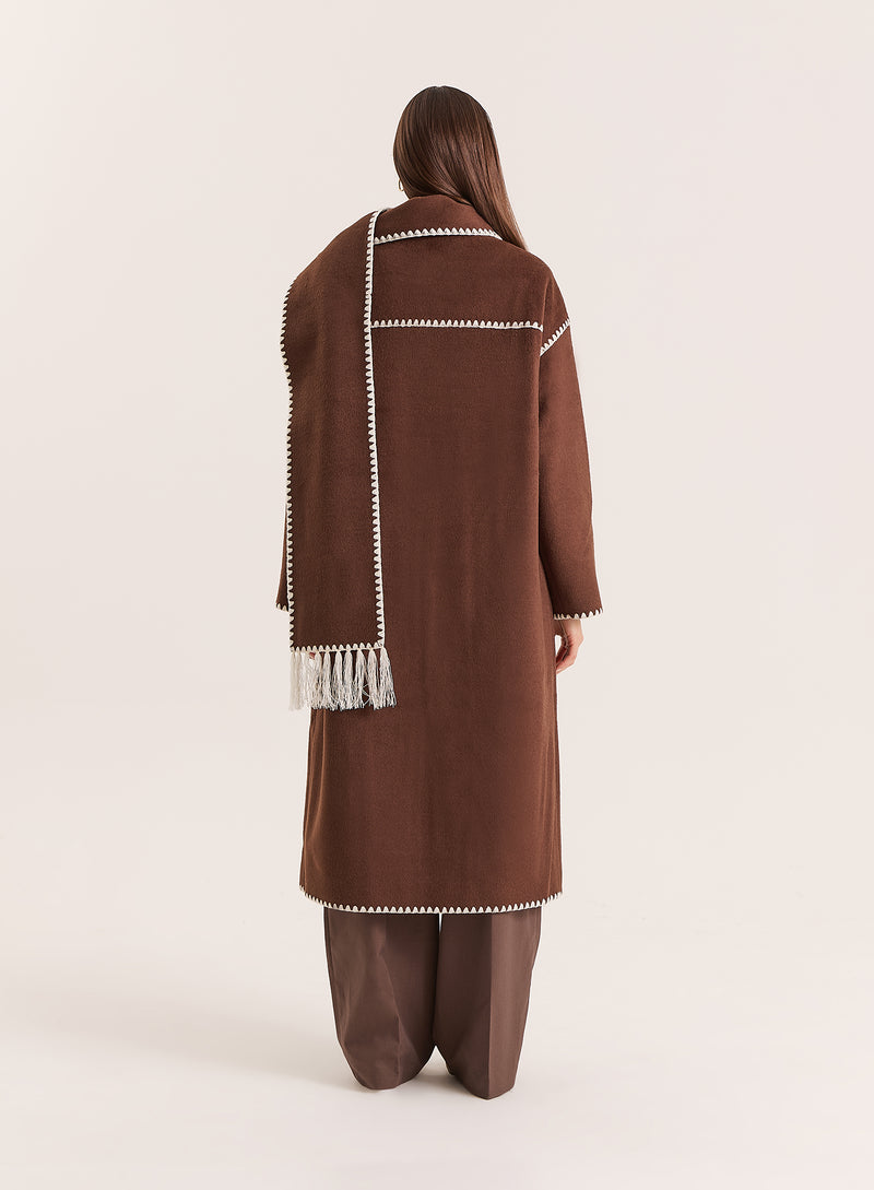 Chocolate Contrast Stitch Longline Scarf Coat- Fable