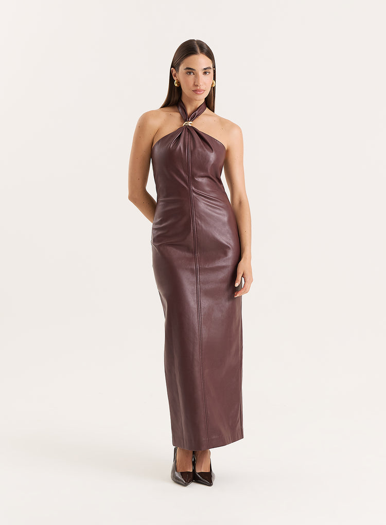 Burgundy Faux Leather Halterneck Maxi Dress- Rhea