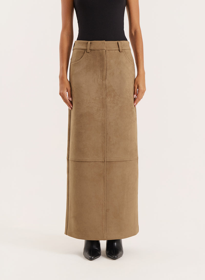 Olive Faux Suede Maxi Skirt- Lorna