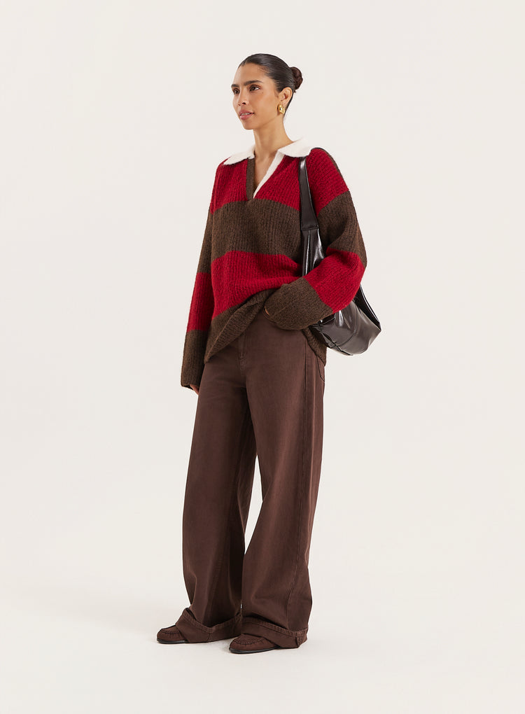 Red And Brown Striped Knitted Polo Jumper- Ruby