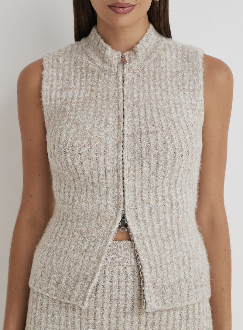 Camel Sleeveless Zip Through Knitted Top- Brandy