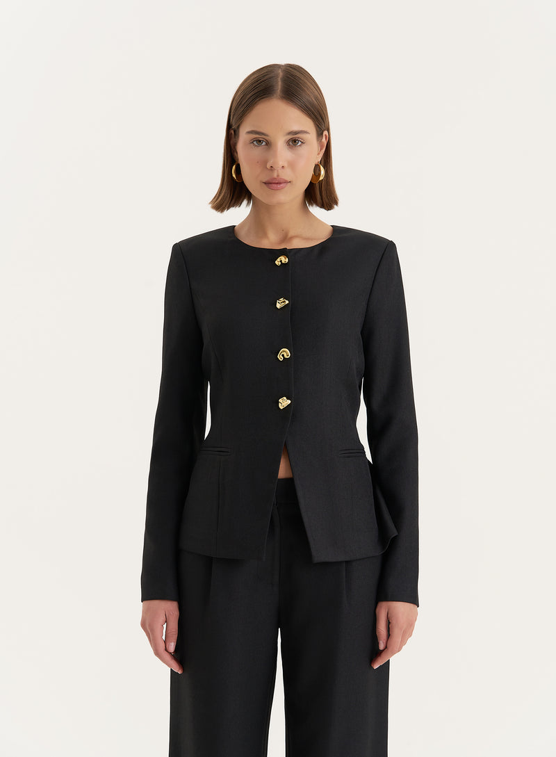 Black Tailored Gold Button Front Split Blazer- Polly