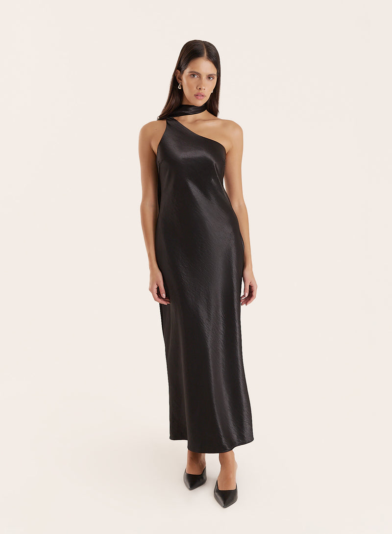 Black Satin One Shoulder Scarf Neck Maxi Dress