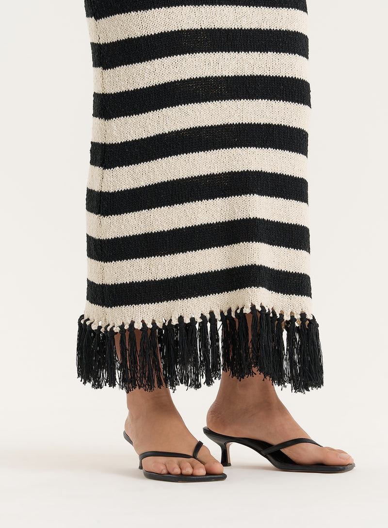 Striped Knitted Tassel Trim Maxi Skirt- Lauryn