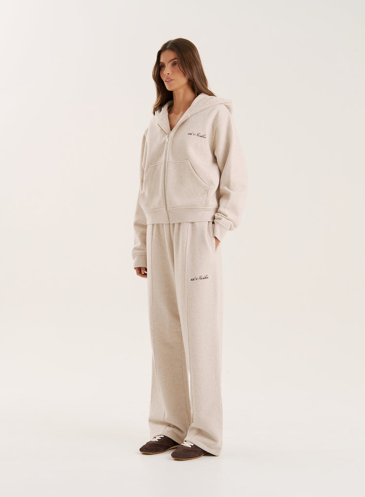 Oatmeal Script Logo Detail Zip Hoodie-Collena