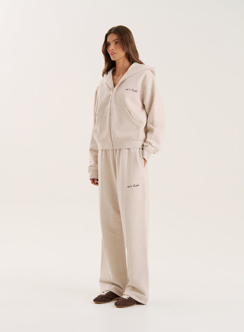 Oatmeal Script Logo Detail Zip Hoodie-Collena