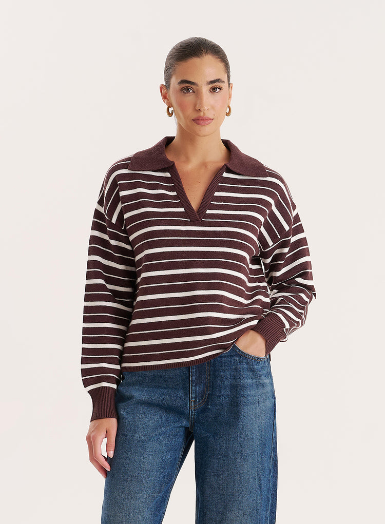 Brown And White Stripe Knitted Rugby Top- Hayden