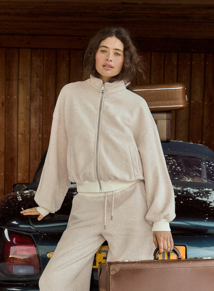 Oatmeal Logo Detail Ribbed Cuff Zip Sweatshirt