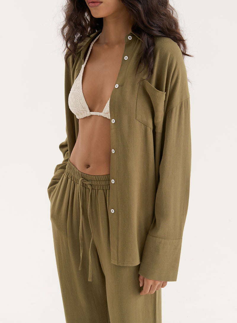 Olive Linen Blend Oversized Shirt- Anna