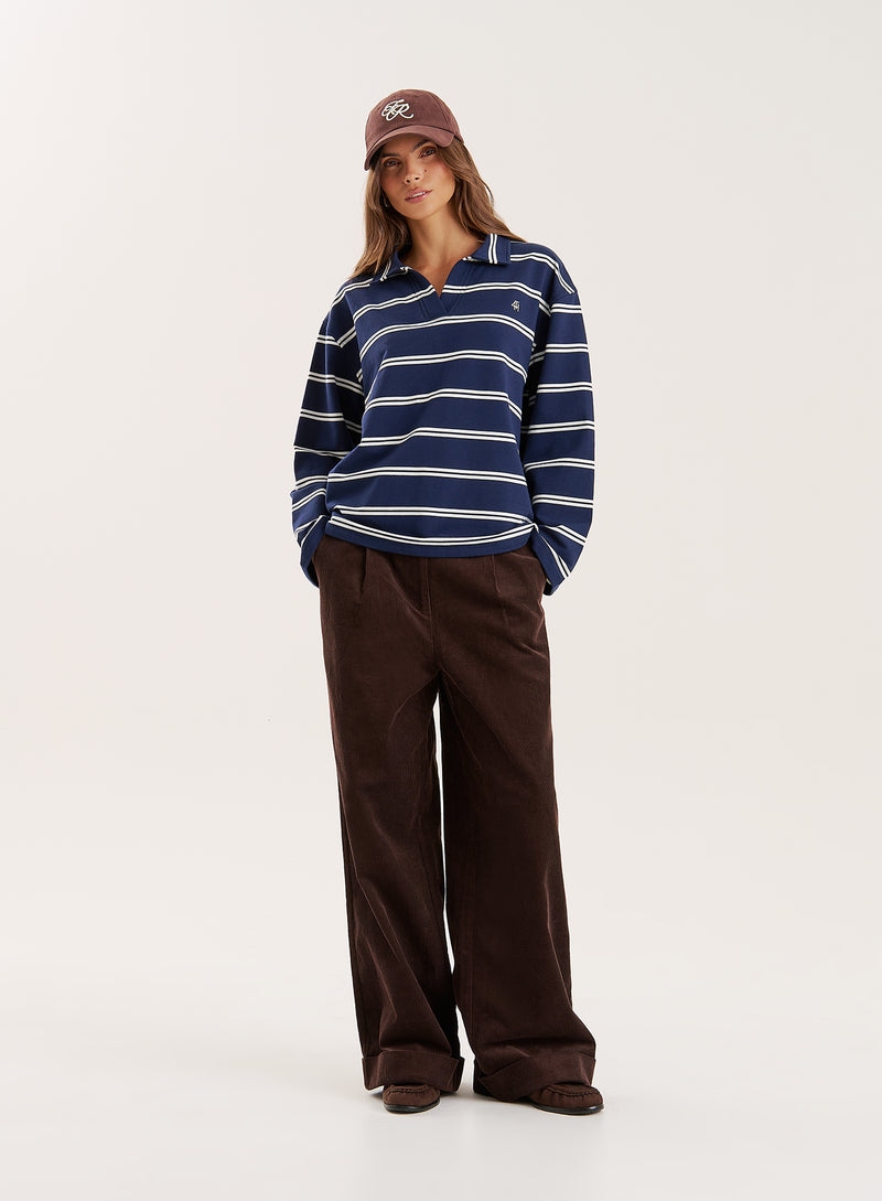 Navy And White Thin Striped Rugby Top- Hailey