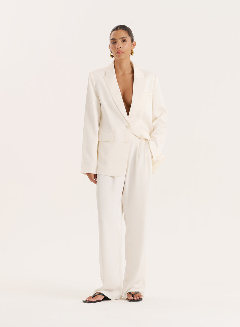 Cream Satin Tailored Straight Leg Trousers- Camille