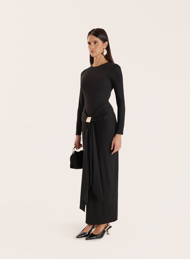 Black Jersey Hardware Waist Detail Maxi Dress- Mel