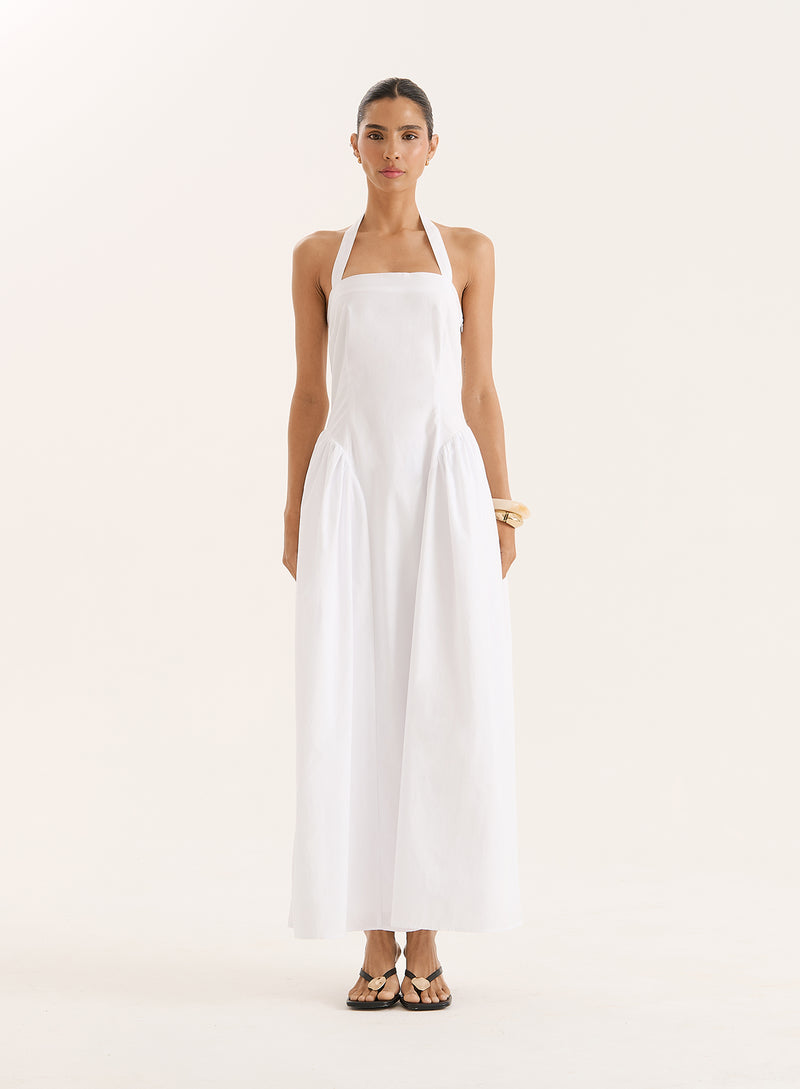 White Halterneck Cotton Maxi Dress- Bonita
