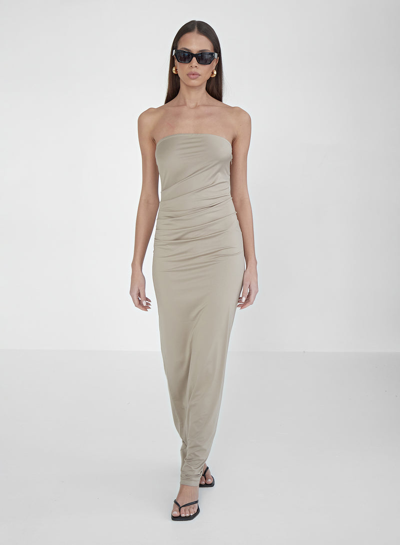 Beige Slinky Bandeau Mixaxi Dress- Andi