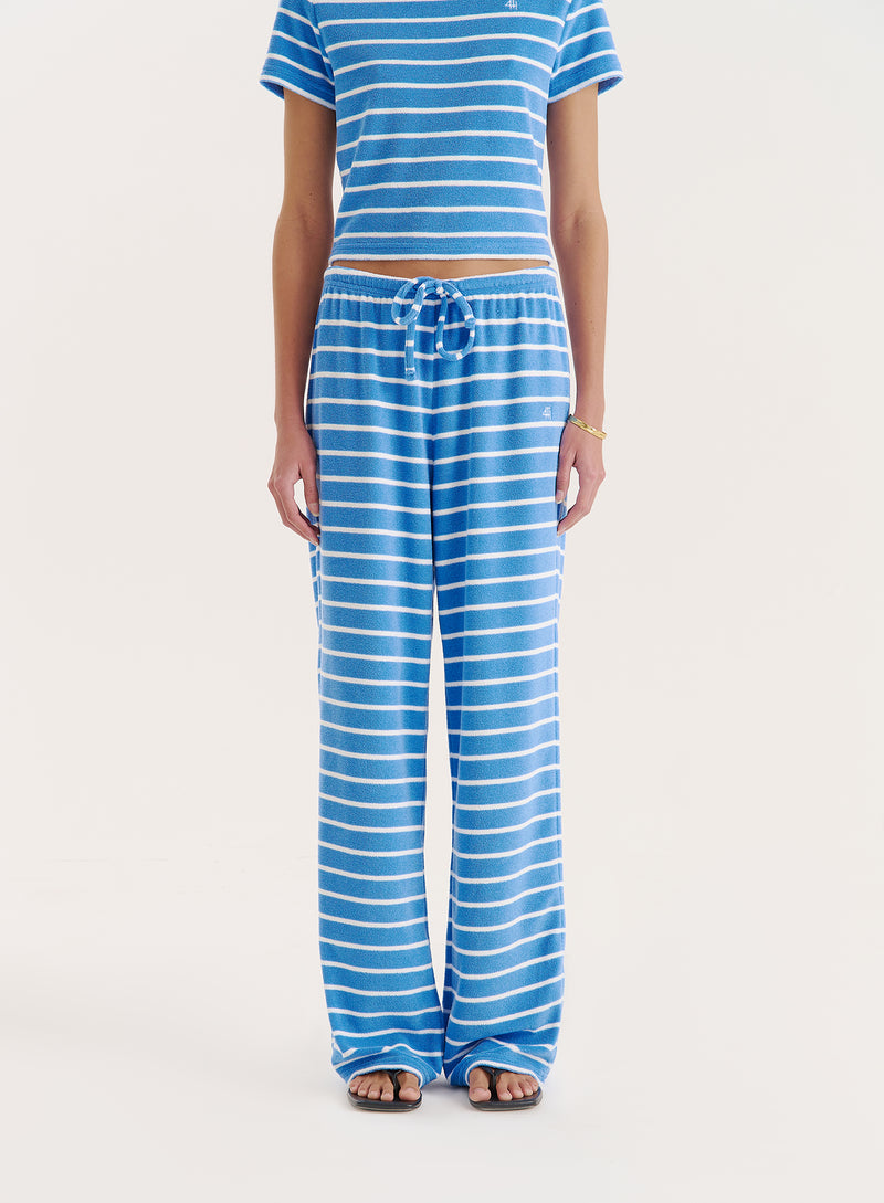 Blue Stripe Towelling Straight Leg Trouser- Livia