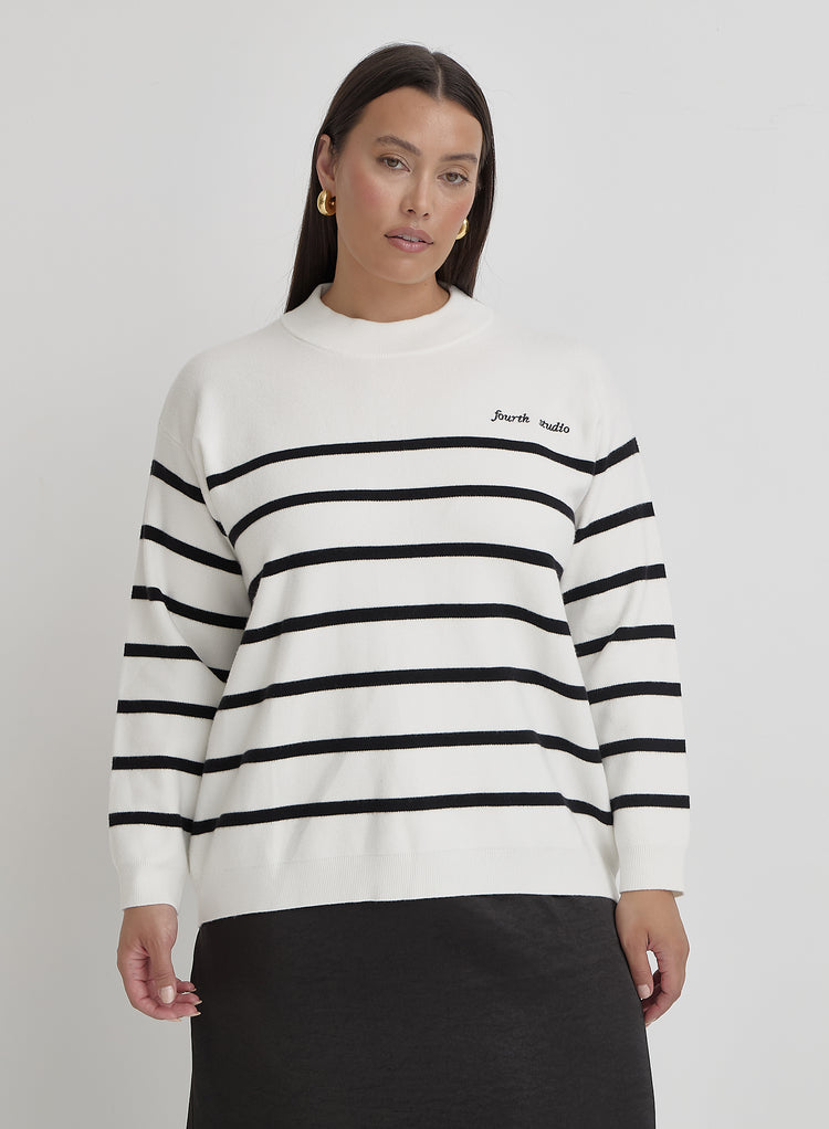 Cream And Navy Curve Stripe Jumper- Myda