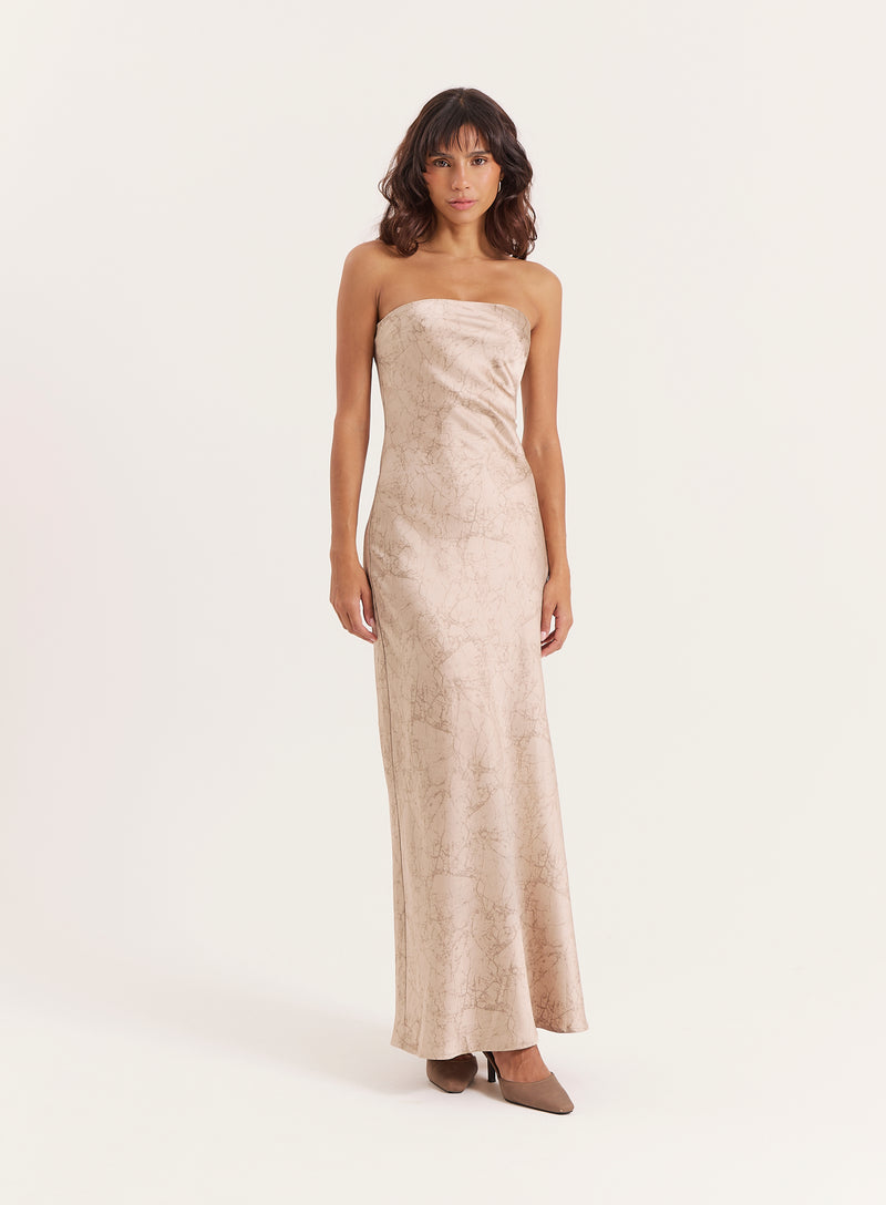 Beige Print Bandeau Satin Maxi Dress- Shona