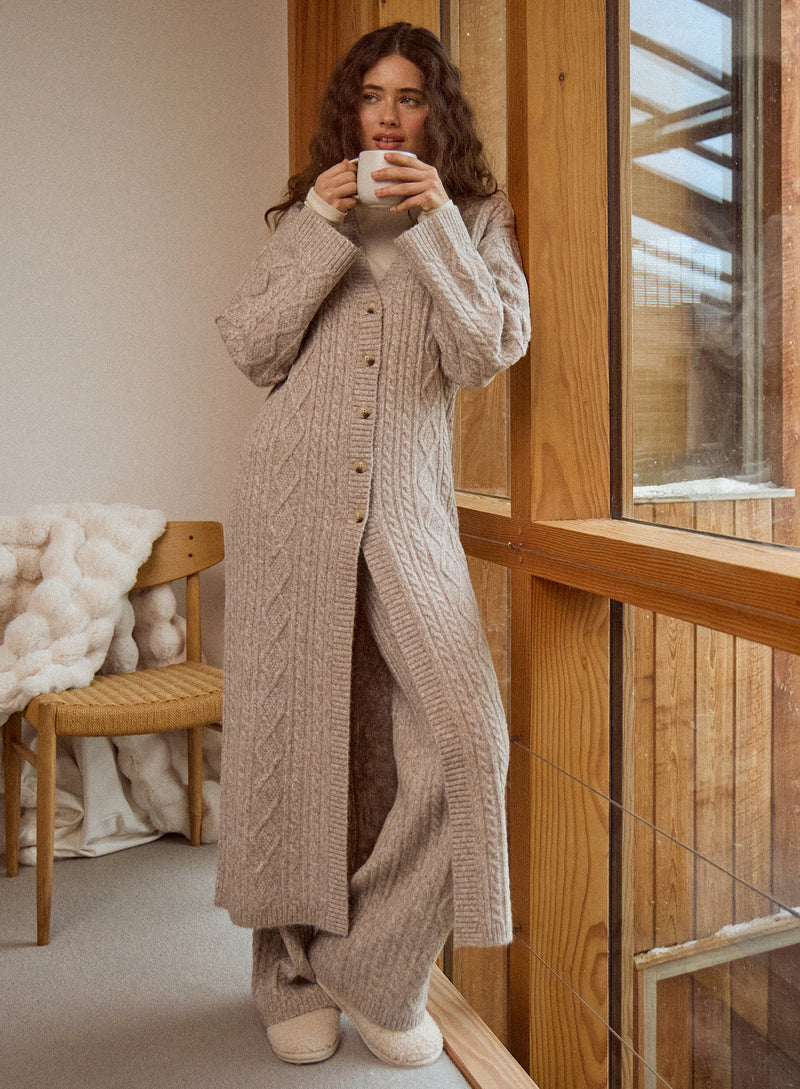 Taupe Cable Knit Longline Cardigan