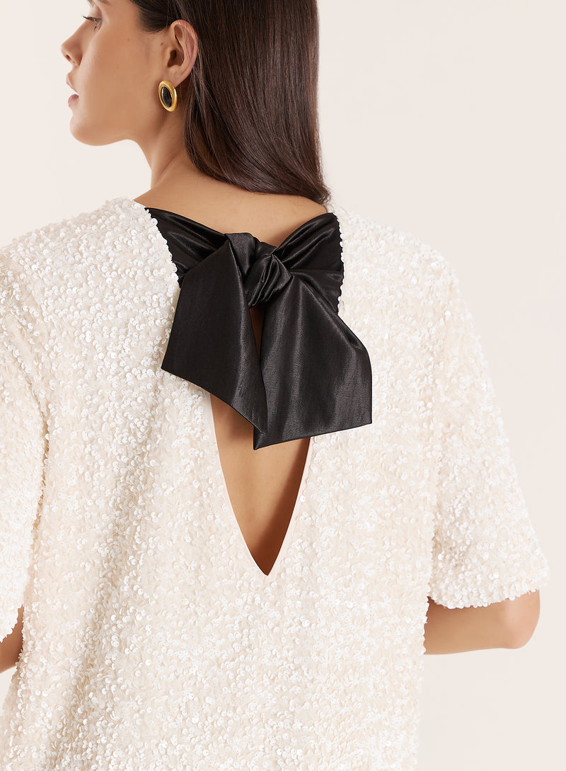 Cream Sequin Bow Tie Back Mini Dress- Elodie