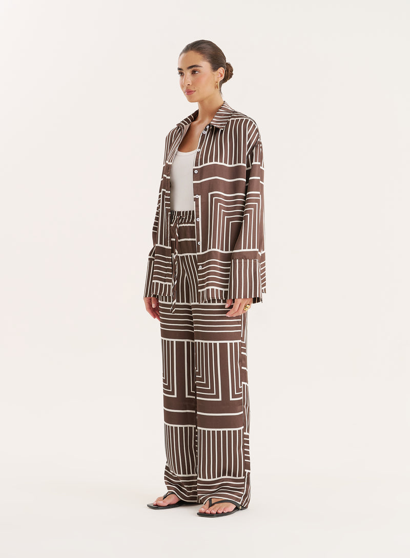 Chocolate Abstract Print Satin Trouser- Amira