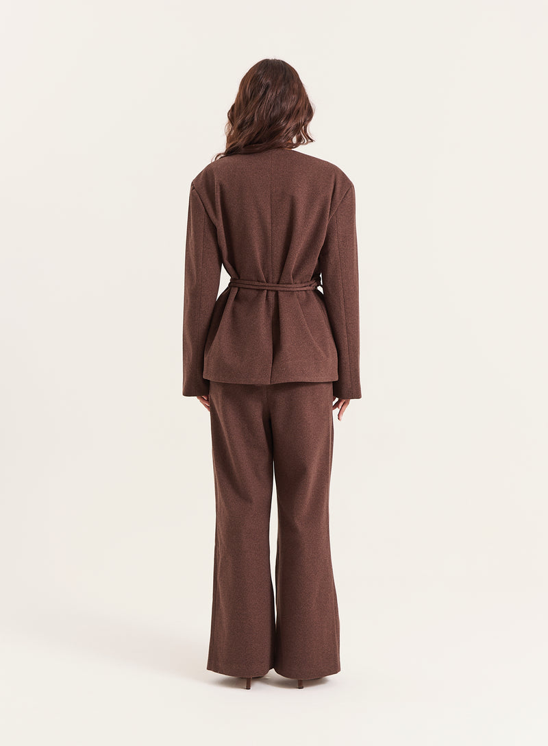 Chocolate Herringbone Tie Belt Wide Leg Trousers - Luca