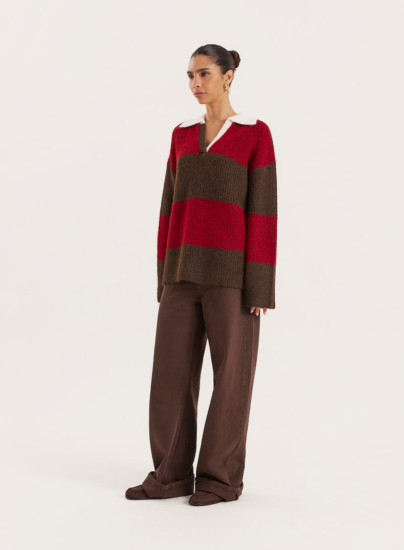 Red And Brown Striped Knitted Polo Jumper- Ruby