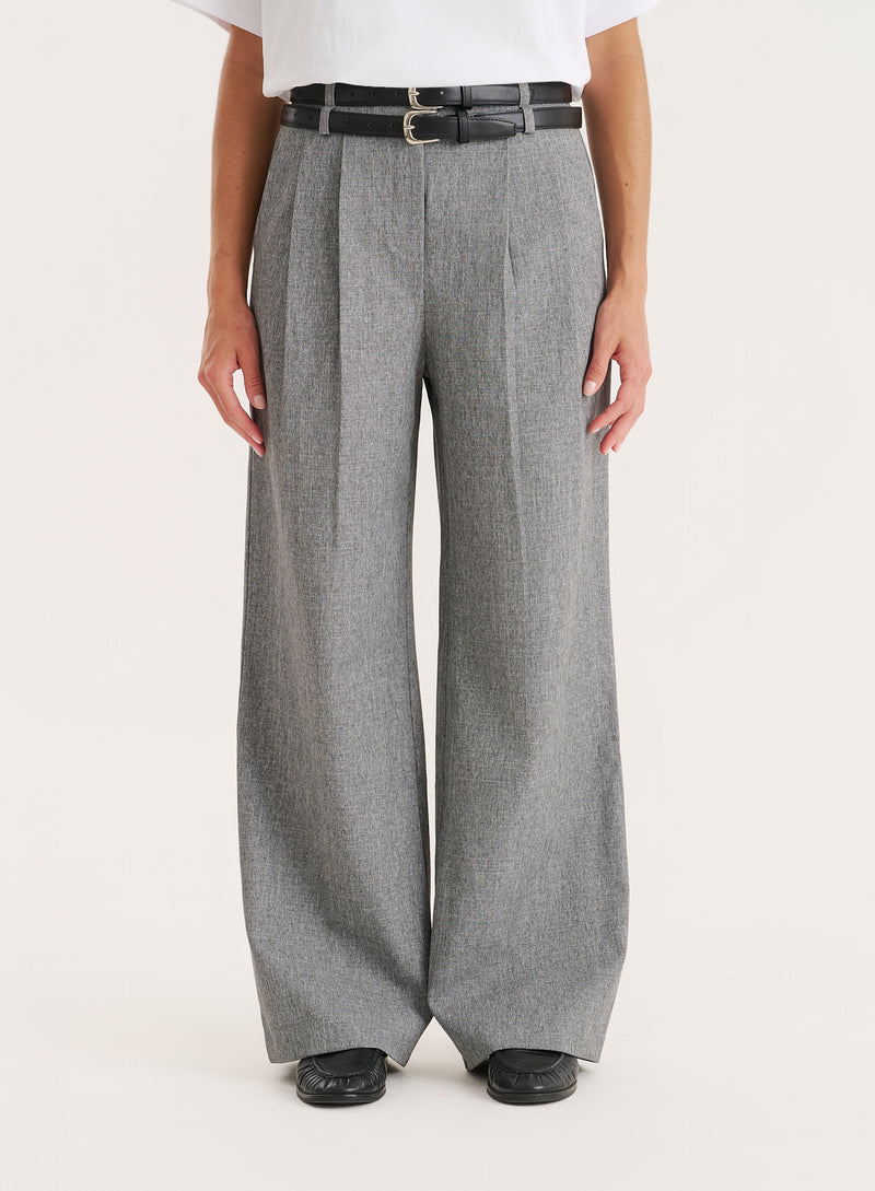 Grey Belted Tailored Wide Leg Trouser