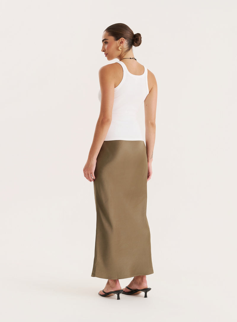 Khaki Satin Maxi Skirt- Novah