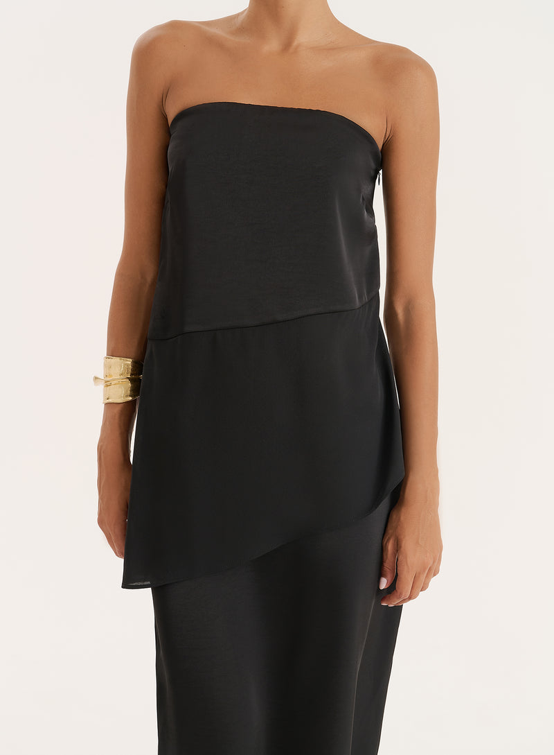 Black Satin And Chiffon Bandeau Asymmetric Top- Marcia