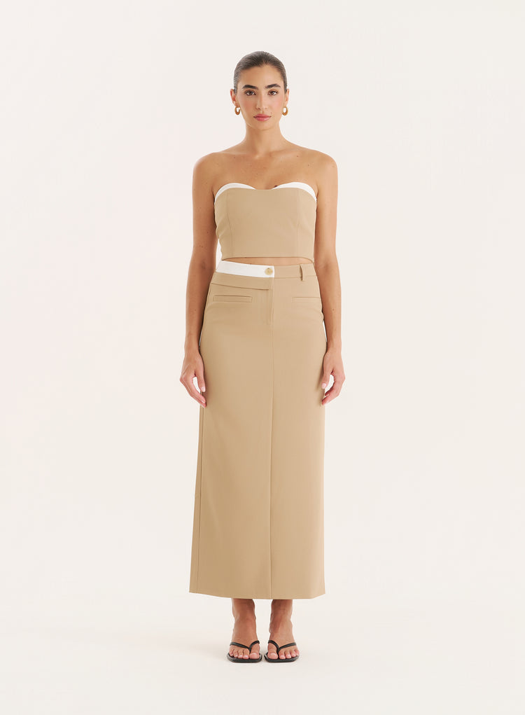Camel Contrast Waistband Detail Tailored Maxi Skirt- Tatiana