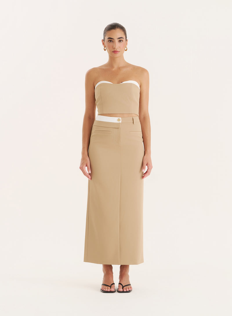 Camel Contrast Waistband Detail Tailored Maxi Skirt- Tatiana