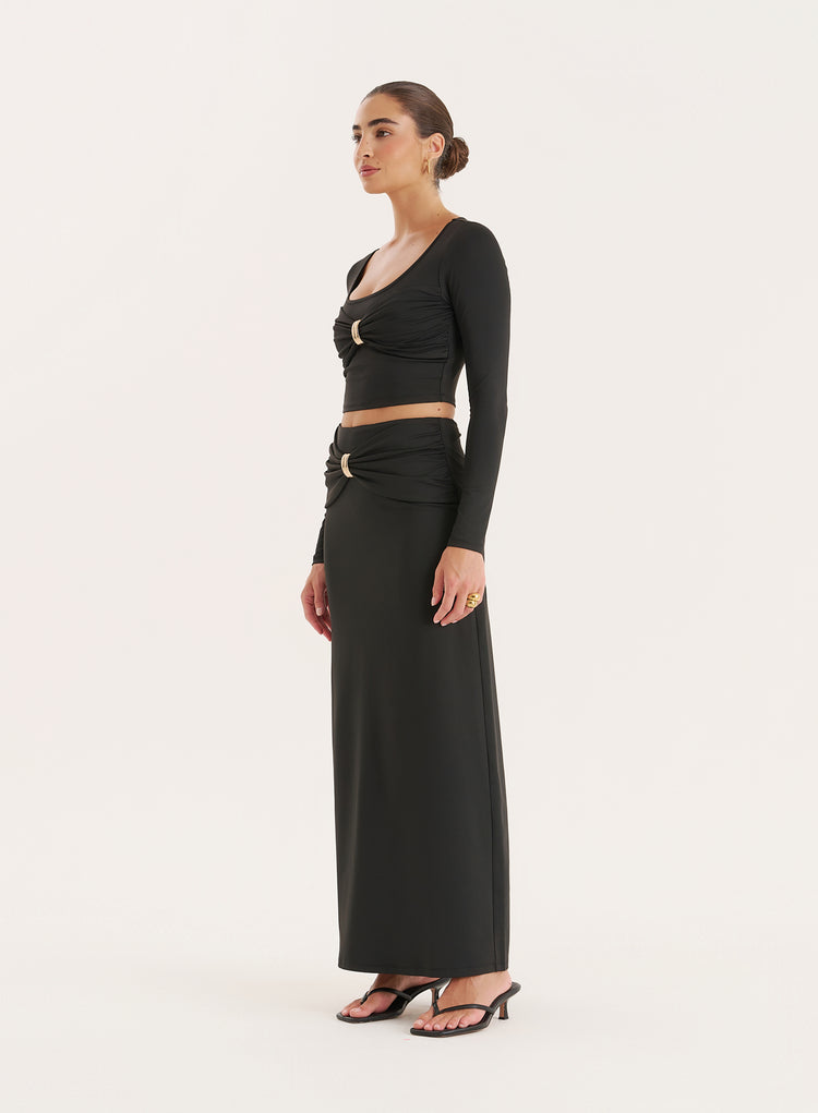 Black Gold Hardware Detail Maxi Skirt- Lyra