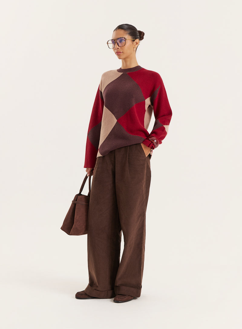 Multi Diamond Knitted Jumper With Scarf