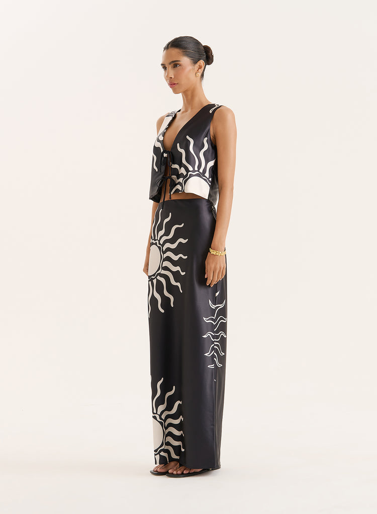 Black Sun Print Satin Maxi Skirt- Lula
