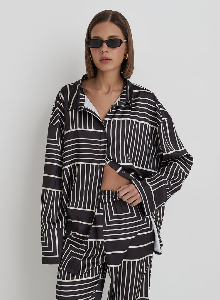 Black And Cream Abstract Print Oversized Satin Shirt- Kora