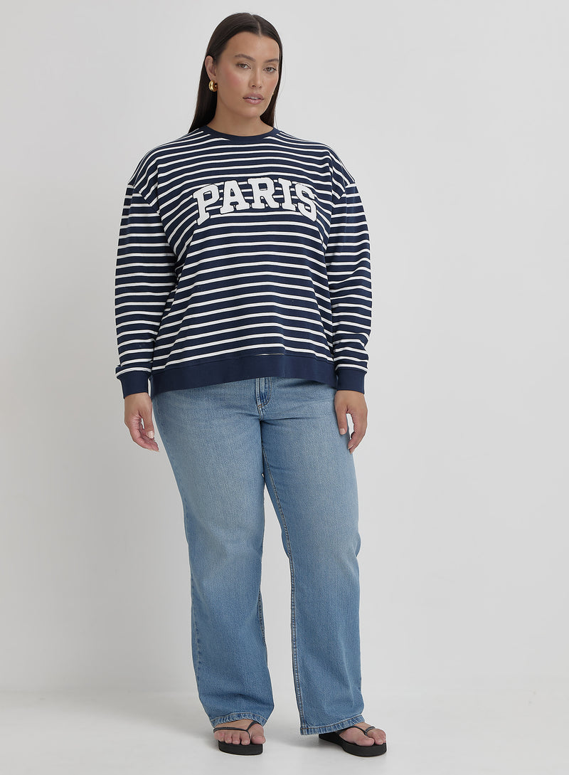 White And Navy Curve Striped Paris Sweatshirt- Anni