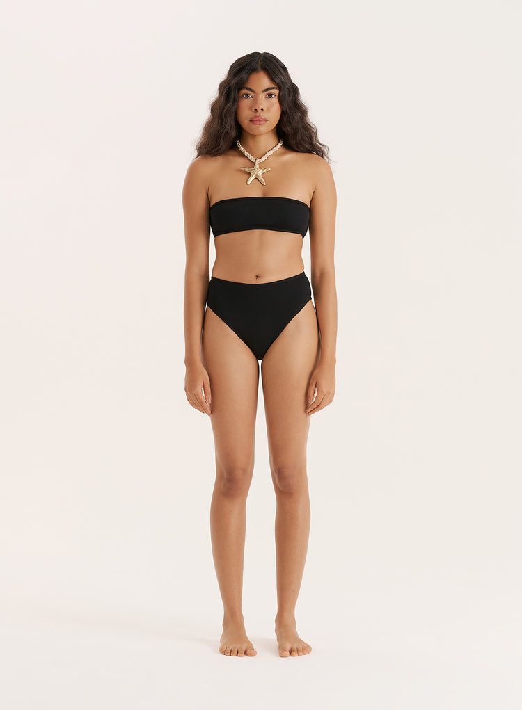 Black Crinkle High Waisted Bikini Bottom- Rivia