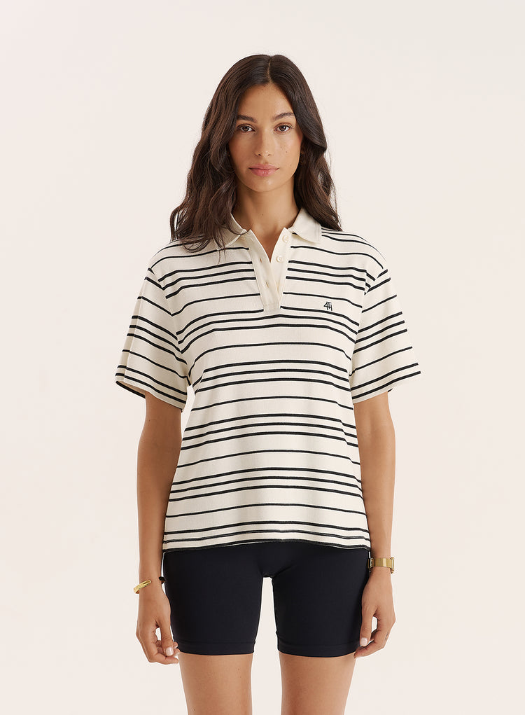 Cream Stripe Short Sleeve Polo Top- Ralph