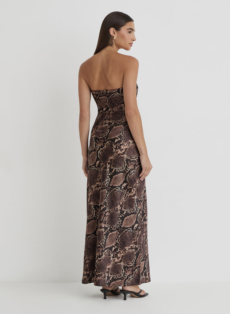 Snake Print Bandeau Satin Maxi Dress- Shona