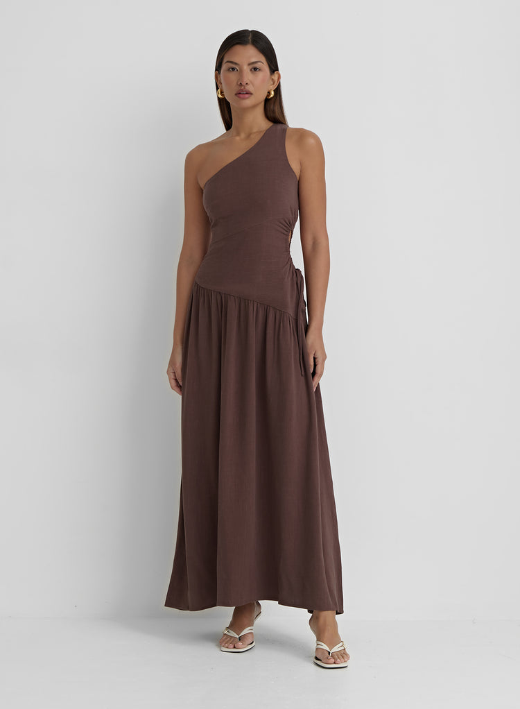 Brown Linen One Shoulder Cut Out Detail Dress- Clara