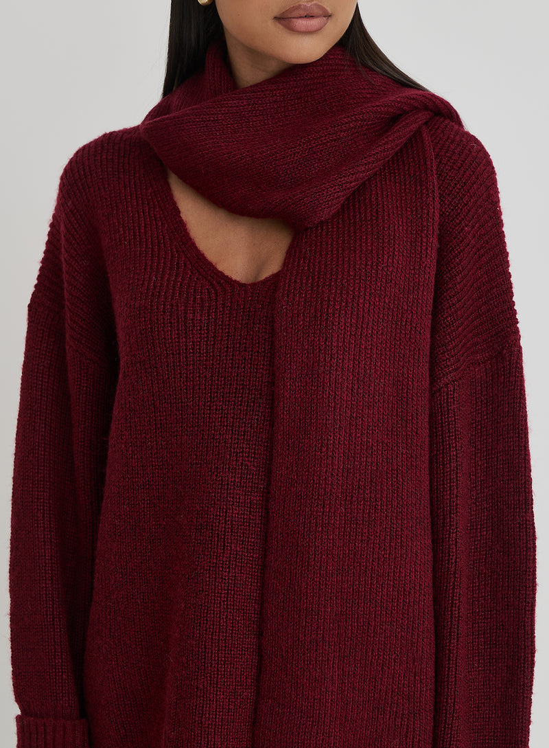 Burgundy Slouchy Knitted Jumper With Scarf - Remy