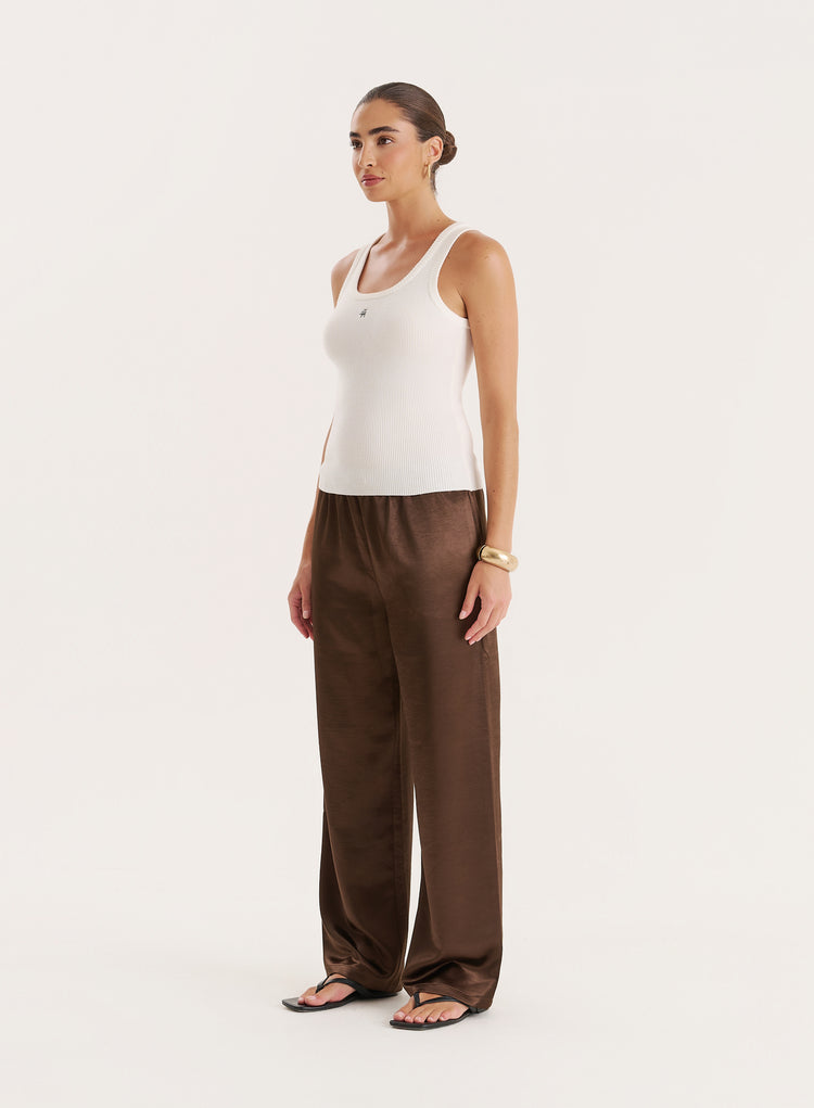 Chocolate Satin Elasticated Waist Wide Leg Trouser- Shelby