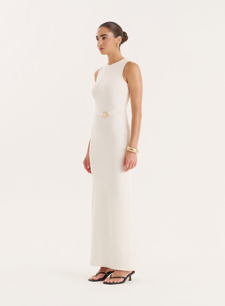 Ecru Gold Hardware Belt Detail Maxi Dress- Arden