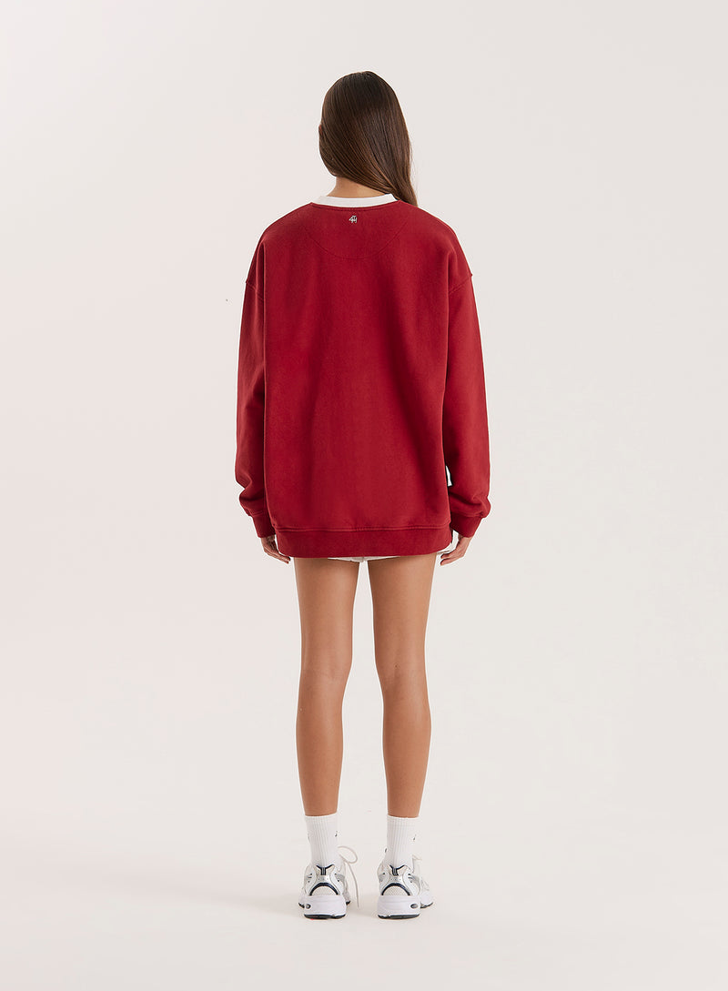 Red Contrast Trim Slogan Classic Longline Sweatshirt- Atlas