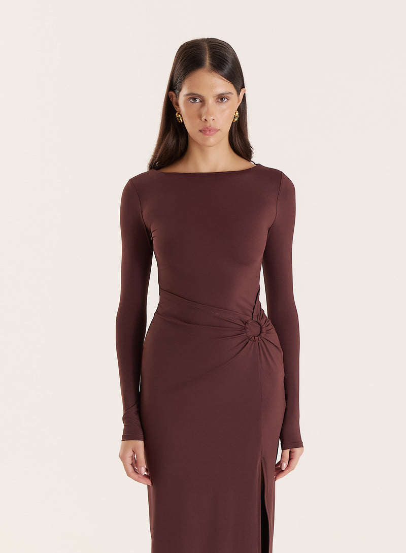 Chocolate Long Sleeve Ring Detail Maxi Dress- Gery
